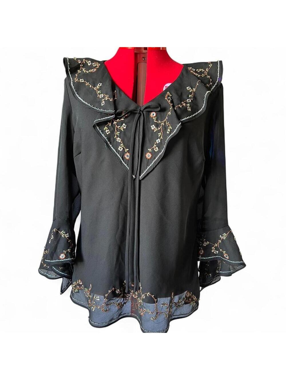 Dressbarn ruffled beaded embroidered black blouse